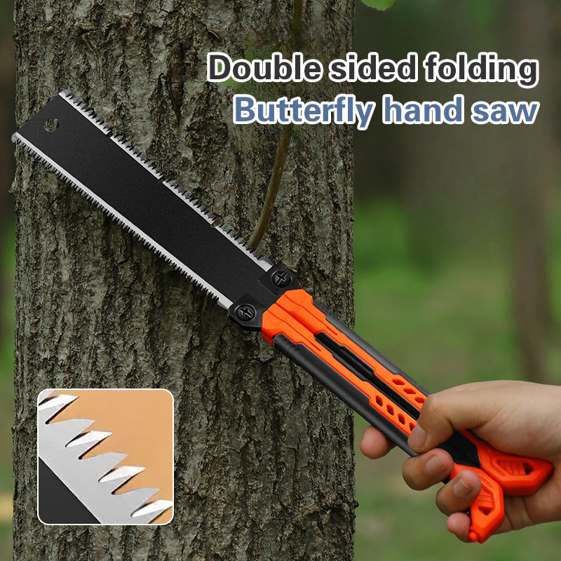 Sierra Herramientas manuales para carpintería Sierra plegable de bolsillo de 14 ", sierra para madera SK5, sierra de tracción de doble filo de 13/14TPI, sierra portátil para acampar, sierra de corte al ras