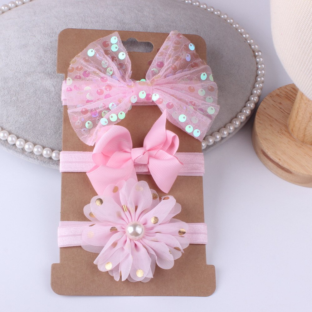 3 sztuk dziecko elastyczny kwiatowa opaska kokardy robić włosów dzieci cekiny łuk węzeł zestaw robić włosów opaska robić włosów dla dziewczynek włosy księżniczki akcesoria: Różowy