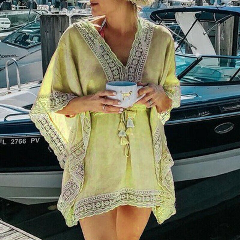 Boho strand kvinde blonder hæklet hul mini cover-ups kjole elastisk samle talje badetøj kaftan batwing badedragt dække op: Gul
