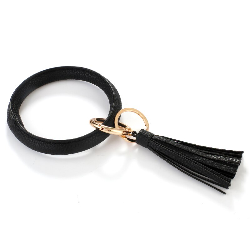 ALLYES Tassel Round Wristlet Keychain for Women Girls Charm Leather Bangles Key Chain Jewelry: Black