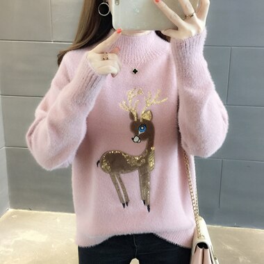Søt genser koreansk reinsdyr stygg julegenser dame vinter varme gensere fluffy kashmir genser høyhalset genser genser: Rosa genser / Xxl