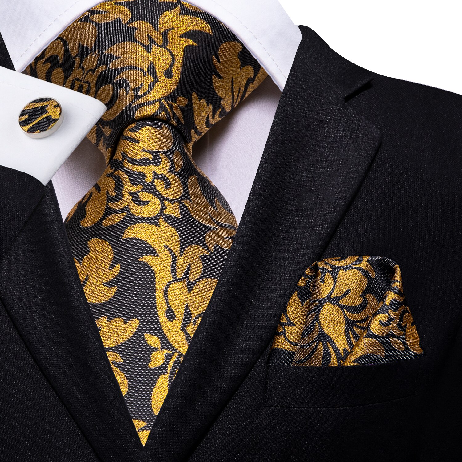 Hi-tie mænd slips silke slips business guld slips og lommetørklæde manchetknapper sæt jakkesæt bryllupsfest gul mænd slips sæt: Sn -3058