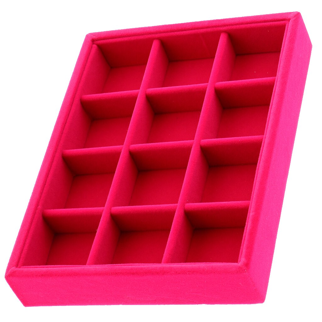 Portable Velvet Jewelry Ring Earring Insert Display Organizer Box Wooden Flat Stackable Tray Drawer Display Show Case: 12 Grids