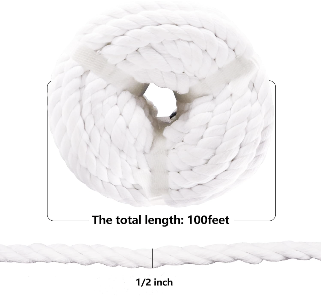 Cuerda blanca de algodón retorcido (0,5 pulgadas x 165 pies) Cuerda de algodón natural gruesa para manualidades, barandillas, hamaca, decoración: BLANCO