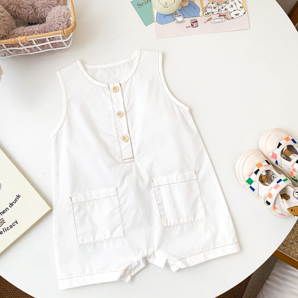 1563B Baby Clothes 2022 Summer New Buttoned Sleeveless Boy&#39;s Straight Climbing ClothesThin Solid Color Baby Girl Bodysuit: White / 80 for 1y