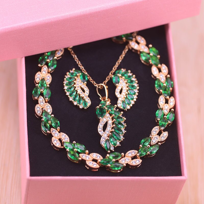 Risenj Vele Kleuren Rood Stone Marquise Goud Kleur Sieraden Set Oorbellen Ketting Set Met Armband Set Bruids Sieraden: green