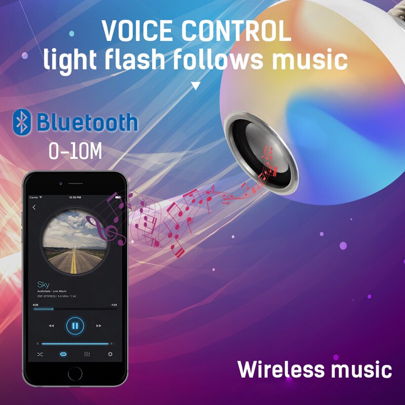Smart E27 12W Ampoule LED Bulb RGB Light Wireless Bluetooth Audio Speaker Music Playing Dimmable Lamp with 24 Key Remote Control