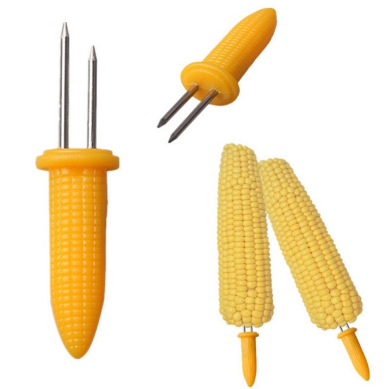 Home Cooking Small Skewers Stainless Steel Corn Shaped Skewers for BBQ Twin Prong Sweet Corn Fruit Holders