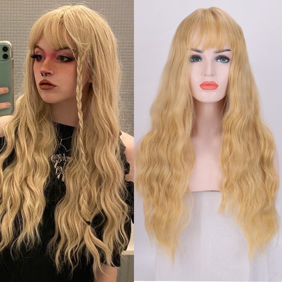 HOUYAN 22 Inch Long Wavy Wig with Bang Red Hair Cosplay Wig Heat Resistant Synthetic Hair Wigs: 1B/30HL