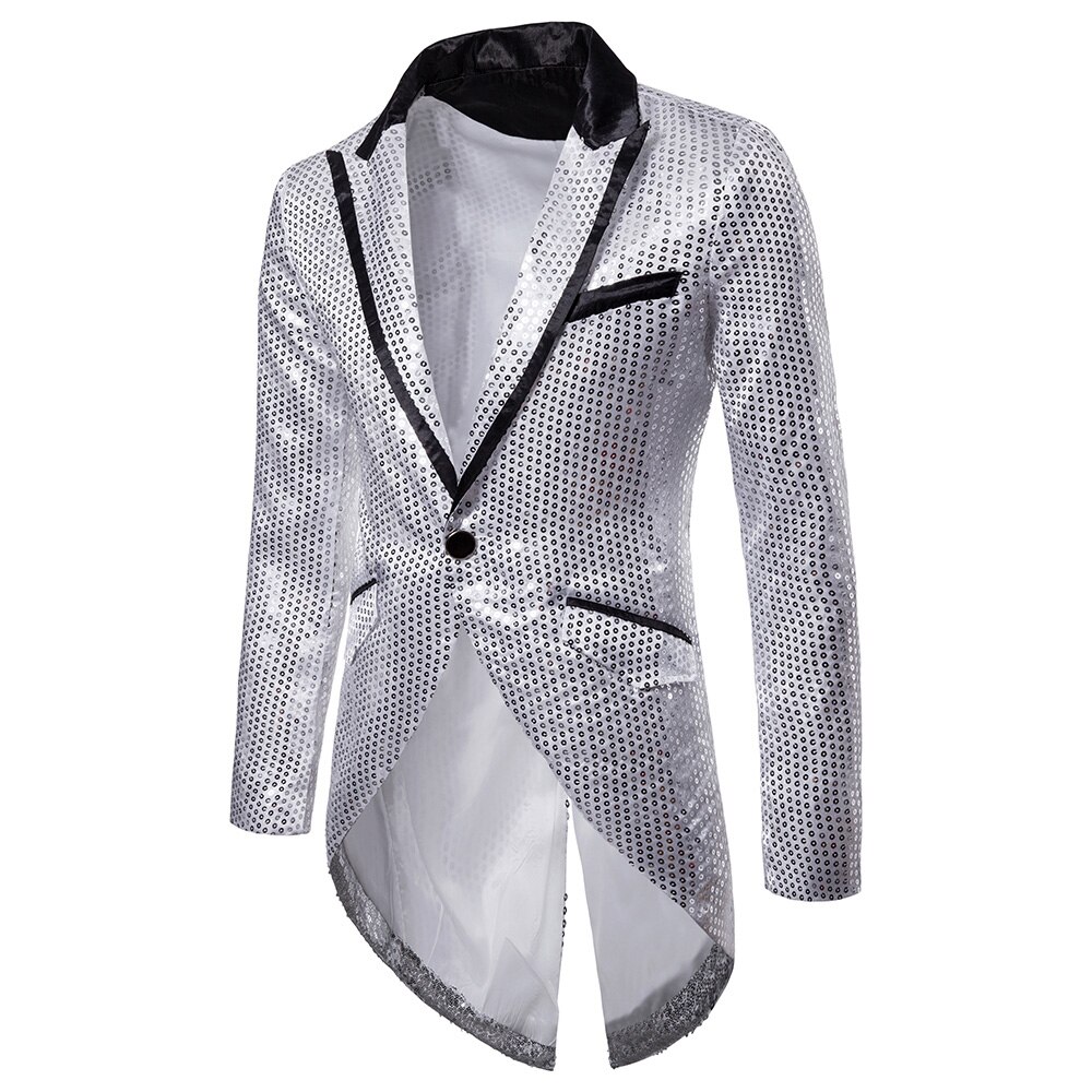 Herr slim fit formella paljetter smoking swallowtail jacka med en knapp kostym outfit kostym kavaj rock jacka toppar 4 färger: Silver- / S