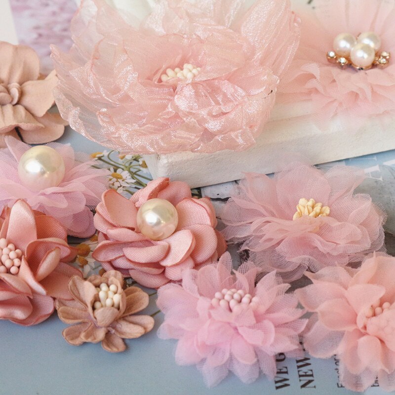 Fleurs en mousseline de soie, 10 pièces/lot, série rose, Styles mixtes, ensemble pour robe de mariée, chapeau, chaussures, décoration