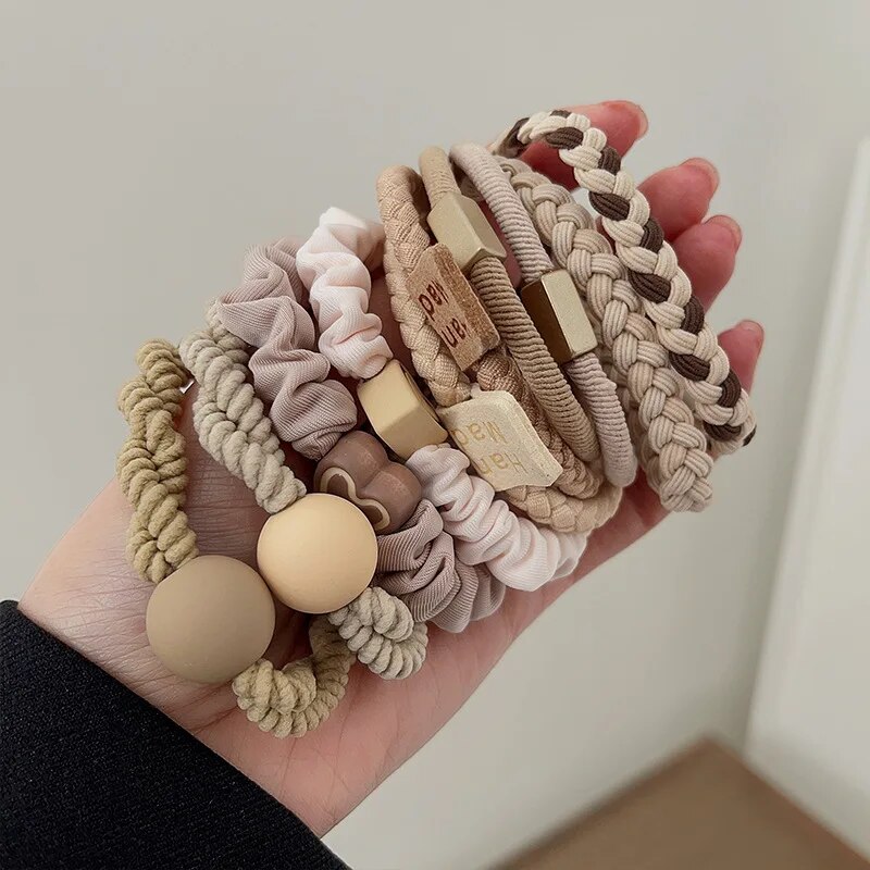 10PCS Headband Leather Band Female High Ponytail Holster Hair Accessories Simple High Elasticity Durable Rubber Band Hair Circle: Dark Khaki