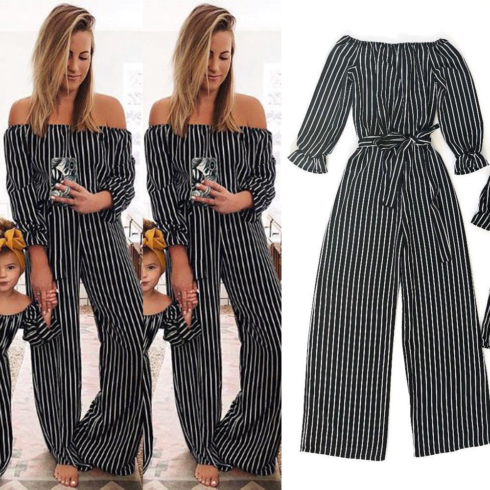 Gestreepte Off de schouder Bijpassende Jumpsuits Voor Moeder en Dochter