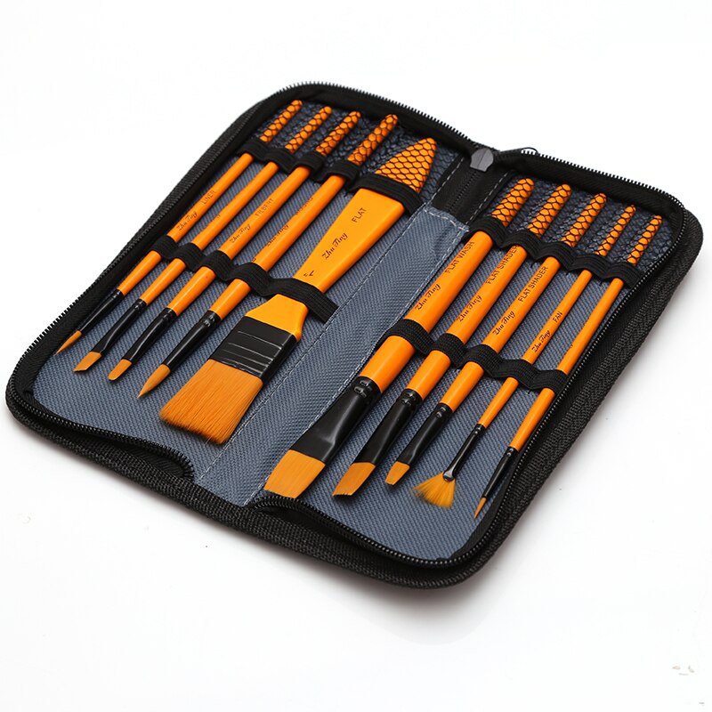 10 Pcs Art Paint Brushes Set Includes Carrying Case, for Kids, Artists, Acrylic, Oil, Watercolor and Gouache Painting