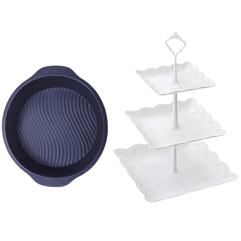 Round Cake Mold Pan Bakeware Tray Silicone Mould Pastry Maker & 3 Tier Cupcake Display Stand Dessert Tower Fruit Tray