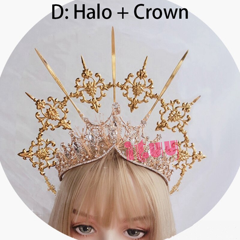 Lolita – bandeau KC Vintage, serre-tête de déesse, ange doré Halo, couronne de mariée vierge marie Halo, chaîne de perles, diadème Baroque: Halo and Crown D