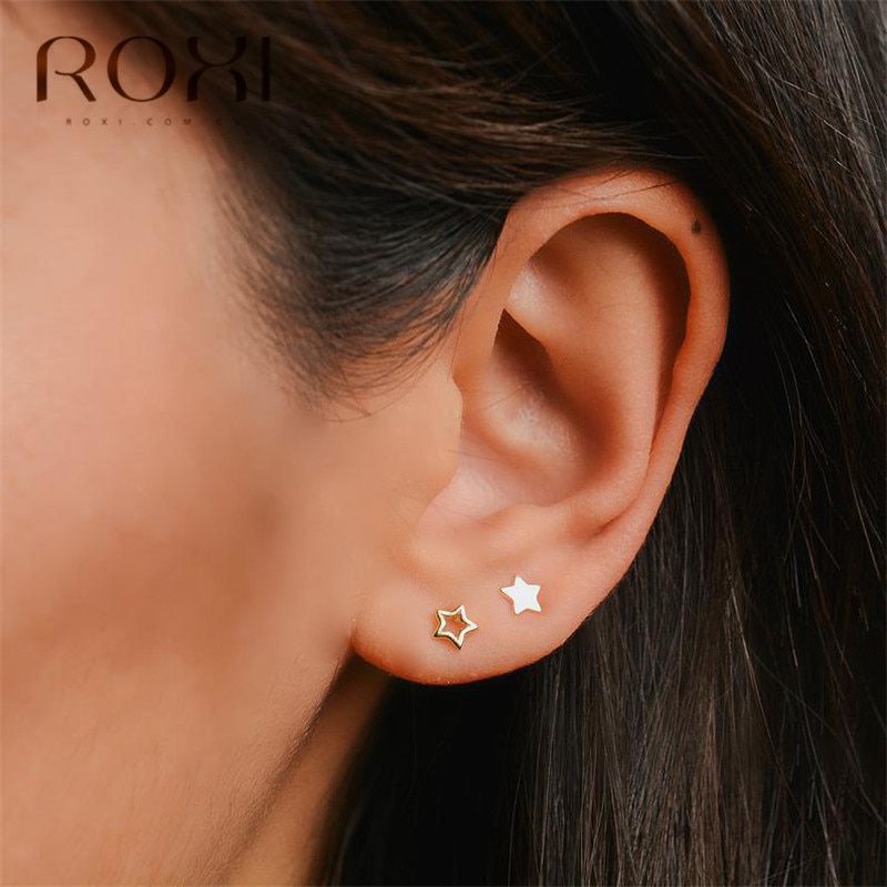 ROXI Jewelry 925 Sterling Silver Earrings for Women Minimalist Charm Small Stud Earrings Polished Surface Star Earrings