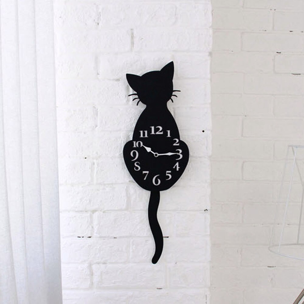 Wekker Creatieve Schattige Zwarte Kat Styling Staart Bewegen Kat Wandklok Thuis Praktische Wanddecoratie # YL10