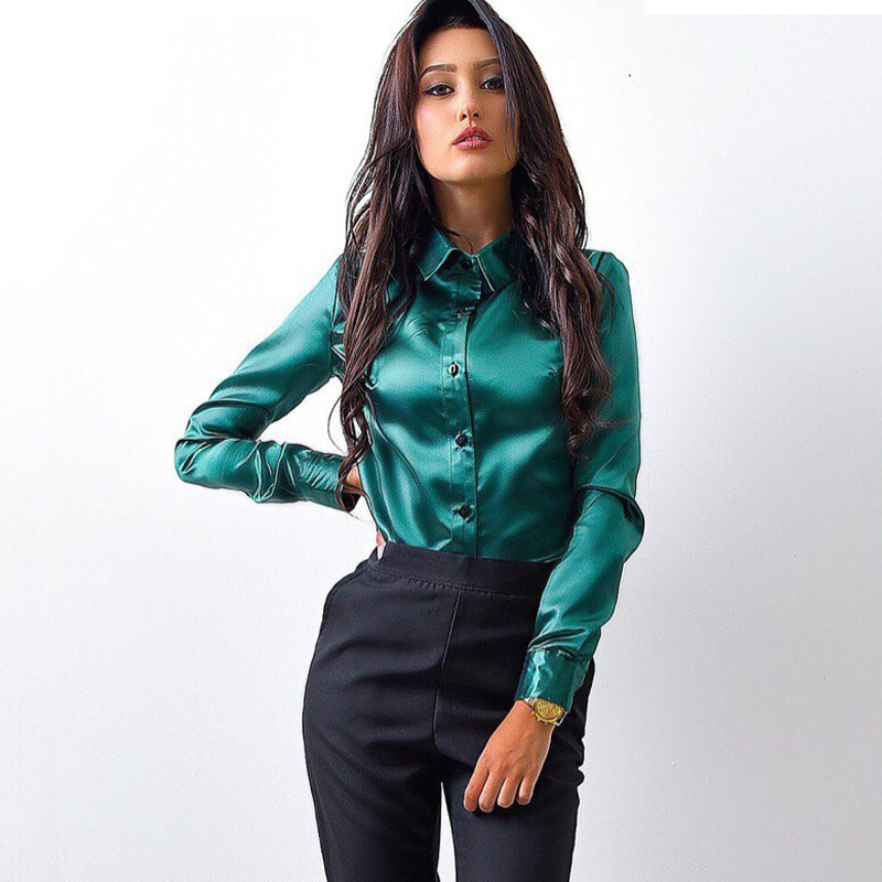 Blusa Women Blouse Wine red Green Satin Shirt Turn Down Collar Longth Sleeve Female Formal Office OL Blouse Women Tops