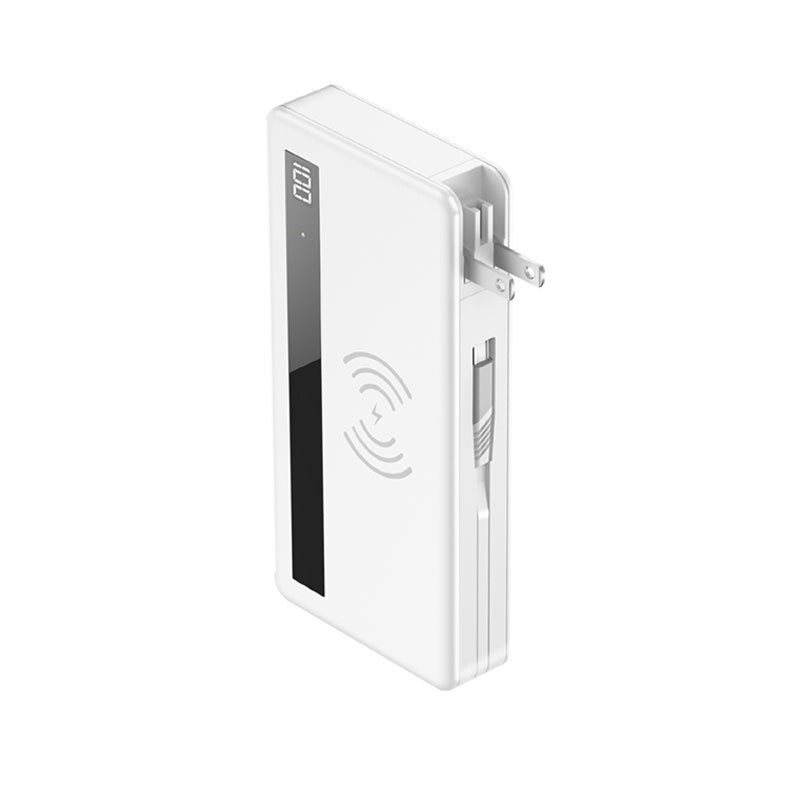 4 in 1 20000mAh Power Bank Wireless Charging Powerbank Built in Cable Portable Charger for Samsung iPhone 12 Poverbank with Plug: US Plug White