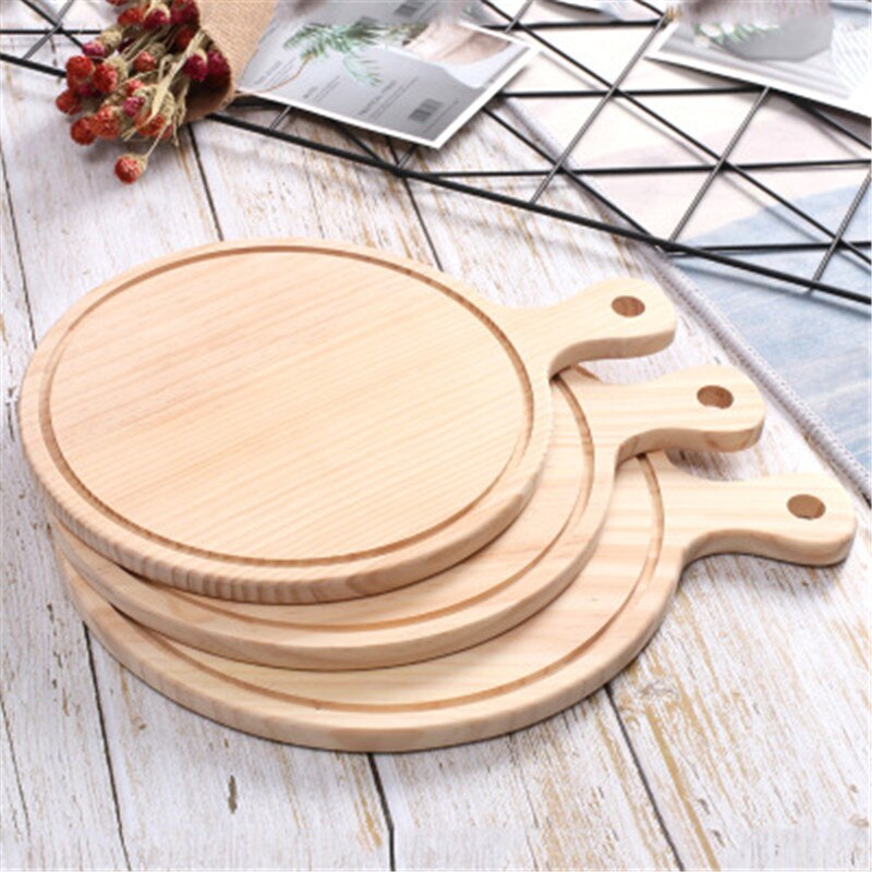 Wooden Pizza board Round with Hand Pizza Baking Tray Pizza Stone Cutting Board Platter Pizza Cake Bakeware Tools
