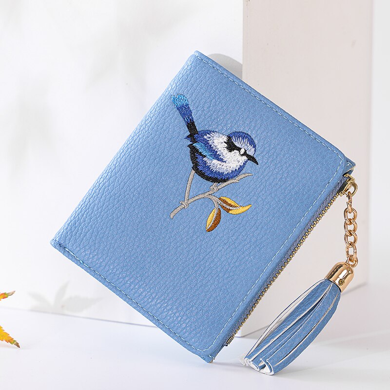 Wallet Women Bird Embroidery Portefeuille Femme Zipper Hasp Short Purse Leather Card Holder Green Blue Pink Black Women Wallets: Type A blue