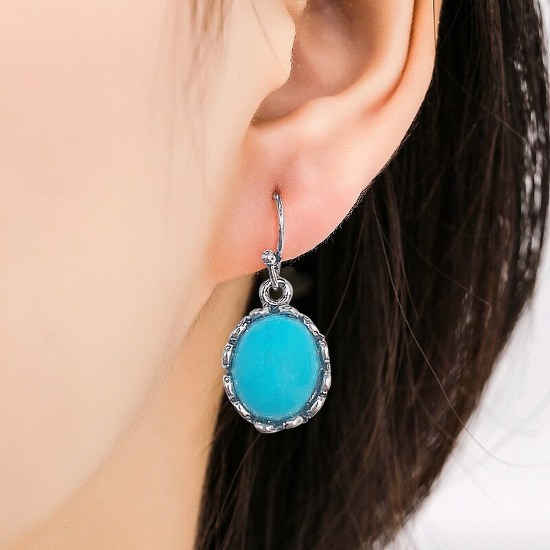 Big Vintage Eye Shape Synthetic Turquoises Earrings for Women Antique Silver Plated Jewelry Earring To Girlfriend