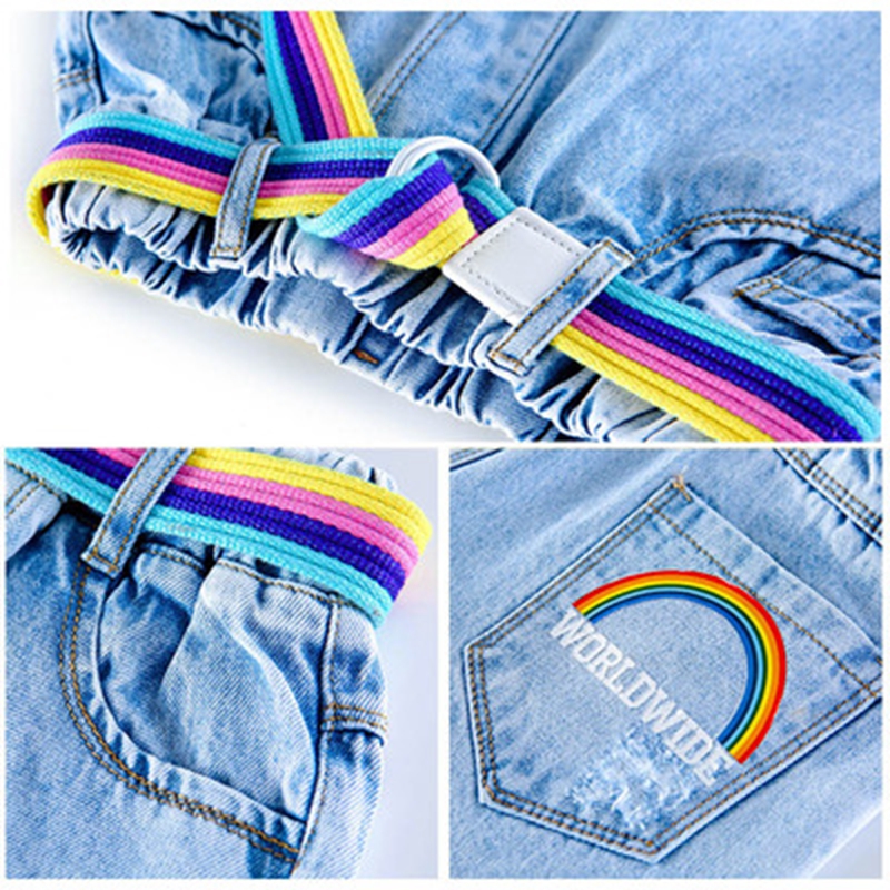 Pantaloncini di Jeans per ragazze con cintura pantaloncini di Jeans con foro strappato stampa arcobaleno lettera estate simpatici vestiti per bambini per adolescenti 6 8 10 12 14 anni