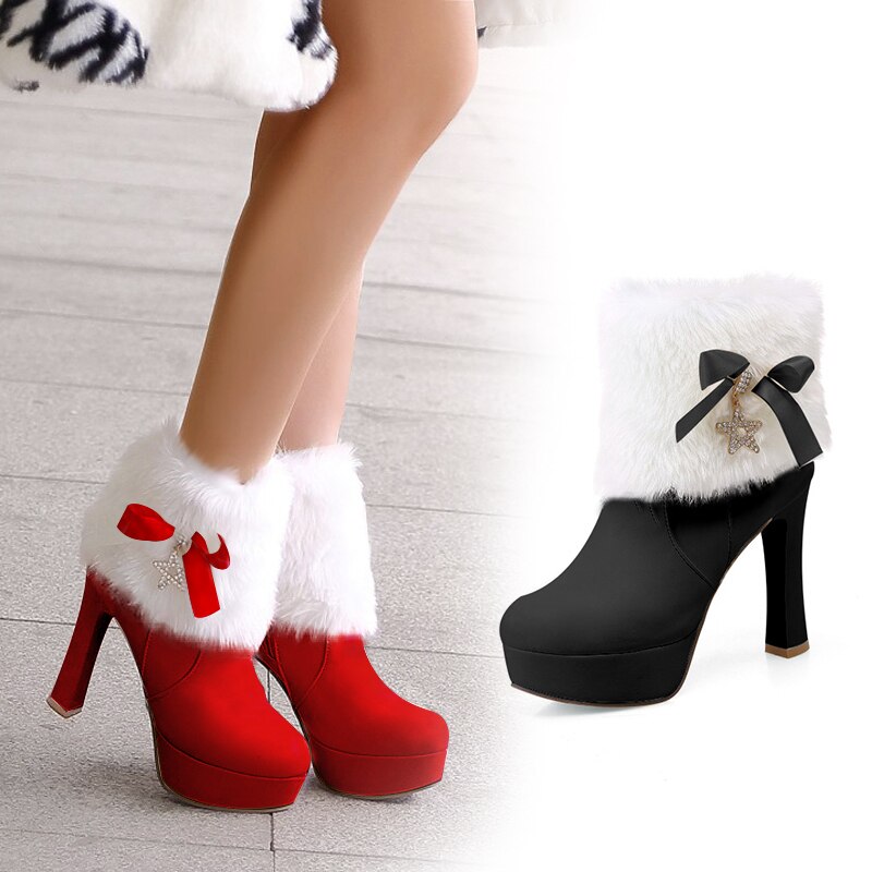 Dames kerst sneeuwlaarzen dames rode enkellaarsjes dames hoge hakken plateau schoenen winter dames strik warme bontlaarzen