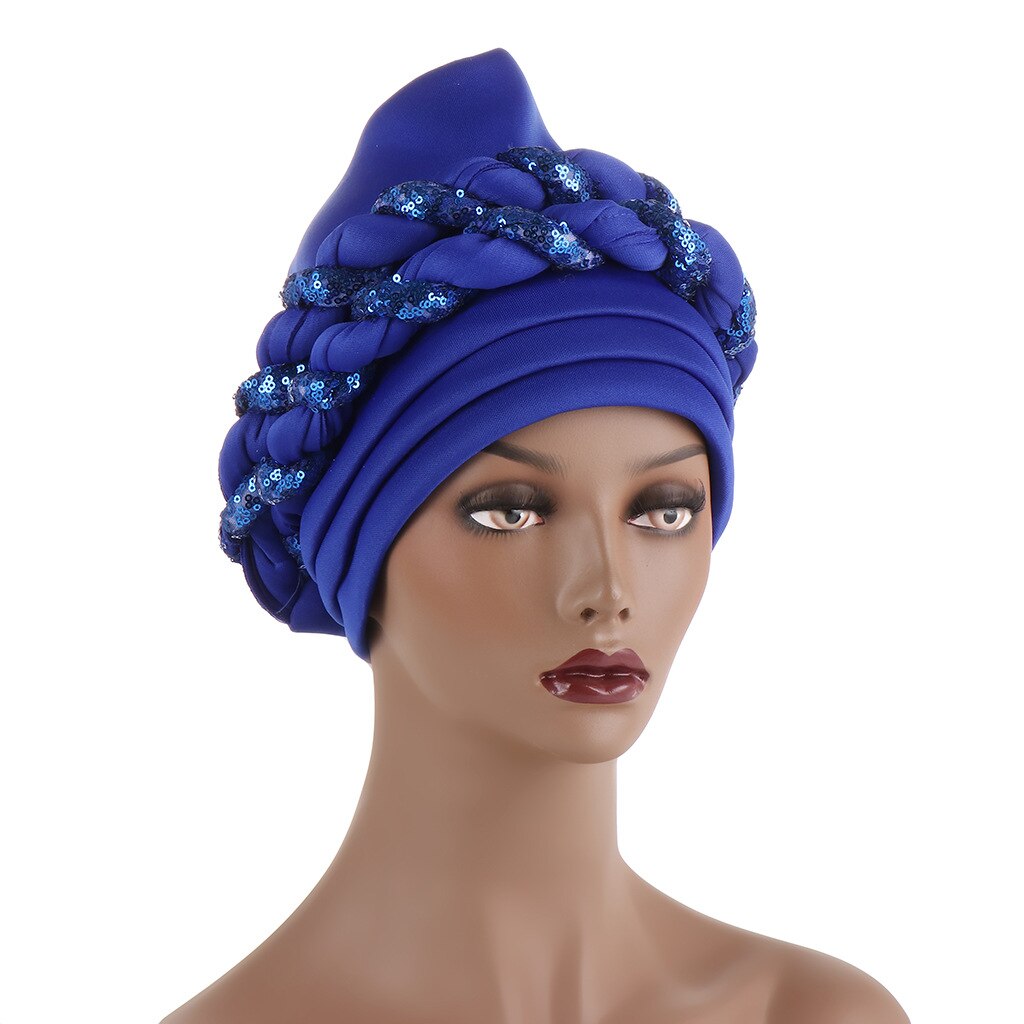 Couvre-chef africain en paillettes pour femmes, Turban, Bonnet musulman, prêt à porter, Hijab, chapeau de mariage: royal blue