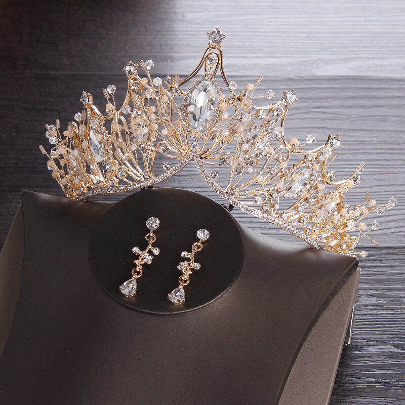 Conjunto de joias de casamento estilo barroco, retrô, strass, ouro, tiara, coroa, colar, casamento, noiva, luxo: Gold Crown Earring