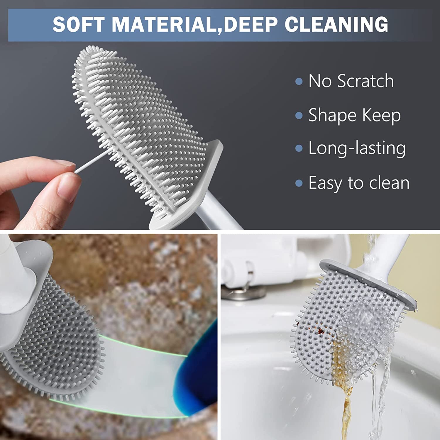 Silicone Toilet Brush for Bathroom ,Detachable Handle Toilet Bowl Brush and Holder Set Soft Bristles with Quick Drying Holder