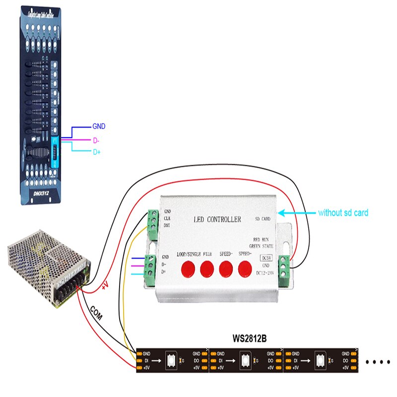 H801SB LED SD Card SPI Controller 12V 24V Max 2048 Pixels Strip Light Controller WS2811 WS2812B DMX512 to SPI LED Controller