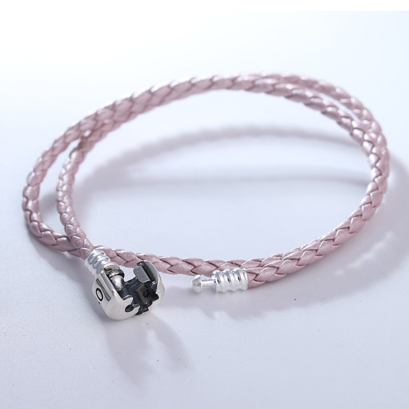 Pearl Pink Leather Bracelet With Silver Clasp Fits sterling silver Original Charms & Beads For Woman DIY Jewelry Making