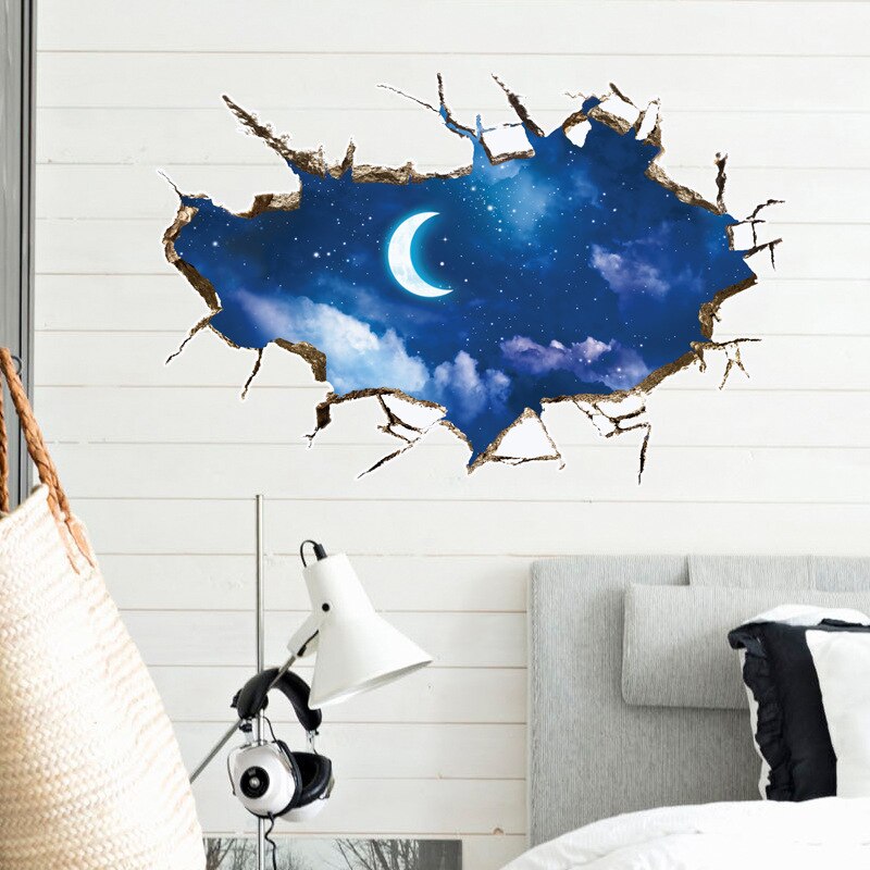 Night Moon Sky wall stickers Broken Hole 3D kids rooms Bedroom background home decor art decals landscape False windows stickers