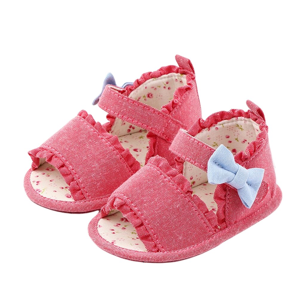 Newborn Baby Girls Crib Shoes, Cute Summer Bowknot Floral Sandals Soft Anti-Slip Sole Toddler First Walkers: Red / 7-12 Months