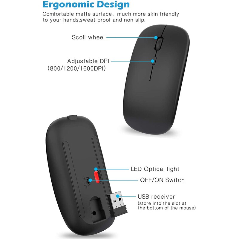 Wireless Mouse Rechargable,2.4G Ultra Silent Optical Mouse with USB and Type-C Receiver, for Laptop, (Black)