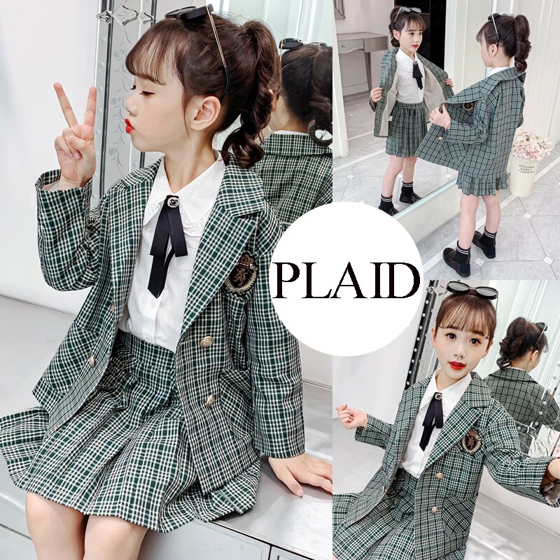 kids clothes Suit Girls Clothes Spring Green Plaid Jacket Pleated Skirt Teen Girl Clothing Set 10 12 School Tracksuit Outfits