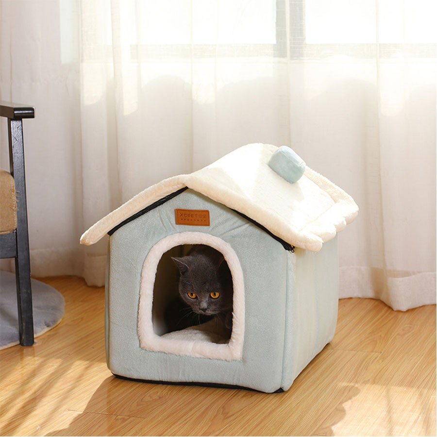 Maison de chat amovible avec tapis de dessin animé, maison de chien, , confortable, lit grotte de luxe, fournitures pour animaux de compagnie