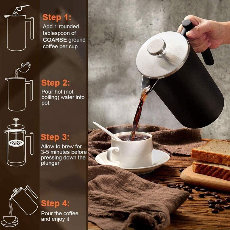 8 Cup/1 Litre French Press Coffee Maker, Double Walled Insulated Coffee Press With 304 Grade Stainless Steel