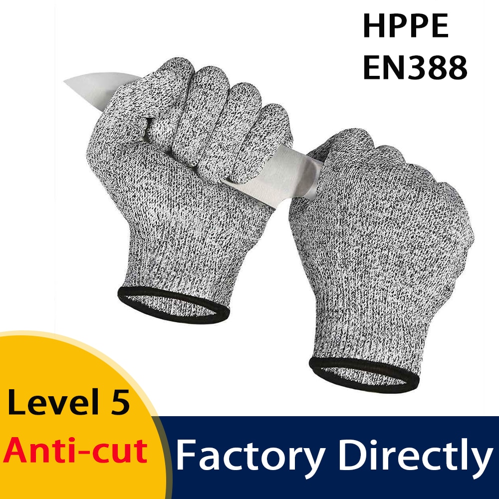 Anti Cut Handschoenen Snijbestendige Tuinieren Keuken Handschoenen Grijs Zwart Hppe EN388 Anti-Cut Niveau 5 Werkhandschoenen
