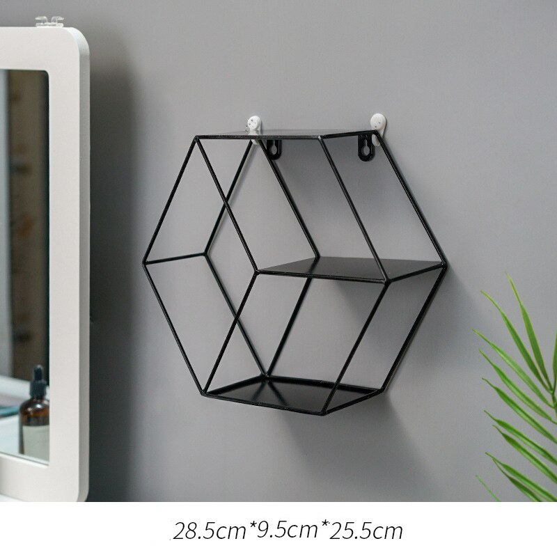 Nordisk metalvæghylde smedejern sekskantet opbevaringsholderholder klassisk enkel multifunktionel vægdekoration: B-sort