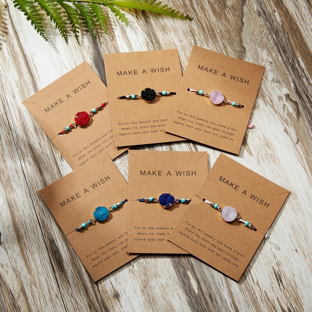 Rinhoo-pulsera de tarjetas de papel con piedra Natural para mujer, brazalete ajustable de cuerda roja de la suerte, joyería de