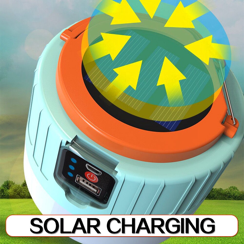 Luz LED Solar para acampada, Bombilla recargable por USB de 300W para tienda de campaña al aire libre, linternas portátiles, luces de emergencia para barbacoa y senderismo