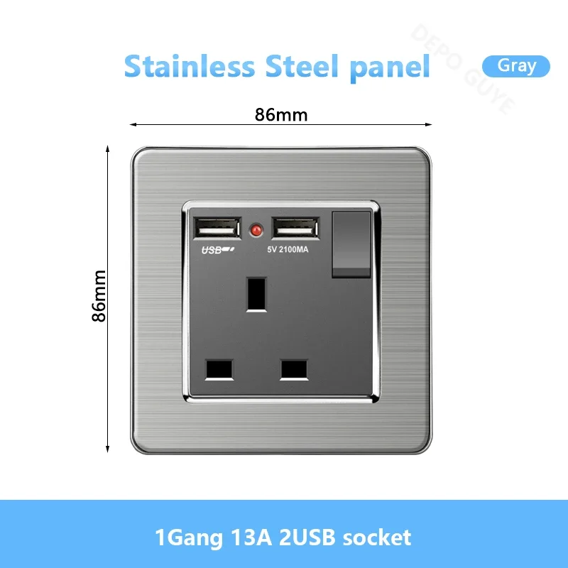 Universal Wall Light Switch Brushed Stainless steel Panel,UK Type-c 18W Quick Charging Socket 220V Double USB Electrical Outlet