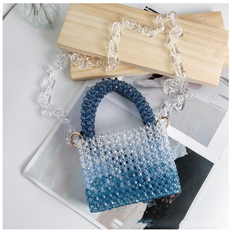 Gradiënt Blauw Kralen Portemonnees En Handtassen Lange Riem Hand Geweven Kralen Crossbody Tassen Voor Vrouwen Blauw Mode Portemonnees Crossbody