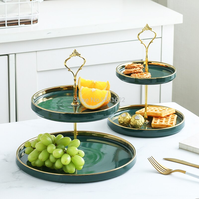 Assiette de fruits en céramique vert émeraude trois couches assiettes à gâteau bonbons Dessert multi-couche plateau après-midi thé Snack Stand ménage