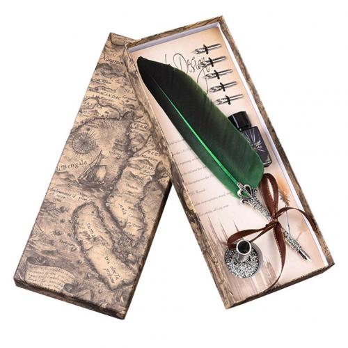 Luxe Vintage Veren Pen Retro Engels Kalligrafie Quill Dip Vulpen Met 5 Penpunten Briefpapier Kantoor Schoolbenodigdheden: green