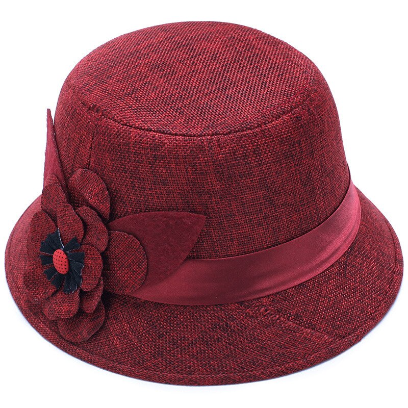 Sombrero de Sol de lino transpirable para mujer, gorro de princesa con decoración de flores grandes, Top plano monocromático a la , primavera y otoño: Rojo