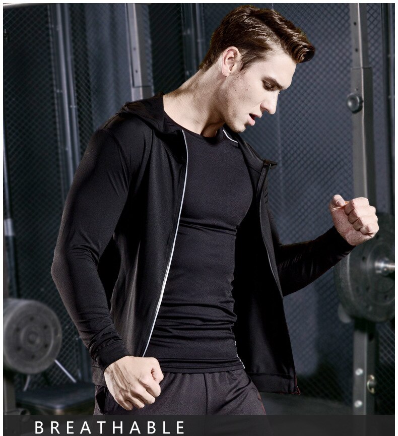 Men Hooded Running Coat Reflective Zipper Fitness Gym Exercise Coat Male Sweater Basketball Sportswear Training Clothes